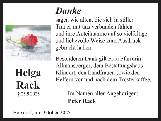 Traueranzeige von Helga Rack von Kreis-Anzeiger