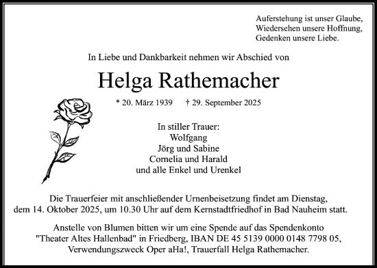 Traueranzeige von Helga Rathemacher von Wetterauer Zeitung