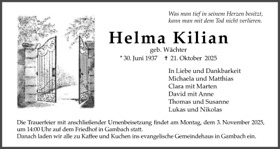 Traueranzeige von Helma Kilian von Butzbacher Zeitung