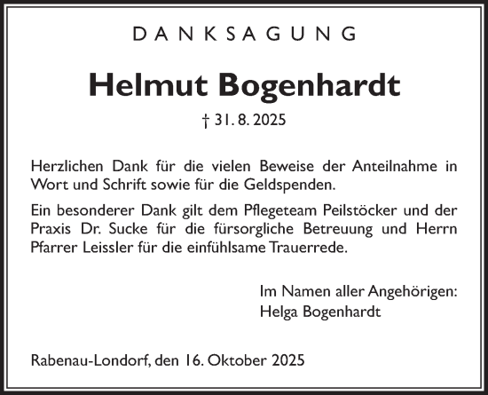 Traueranzeige von Helmut Bogenhardt von Rabenauer Zeitung