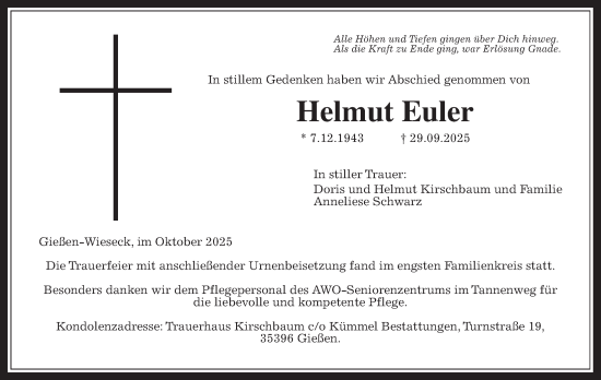 Traueranzeige von Helmut Euler von Giessener Allgemeine, Alsfelder Allgemeine, Giessener Anzeiger