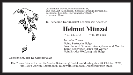 Traueranzeige von Helmut Münzel von Wetterauer Zeitung