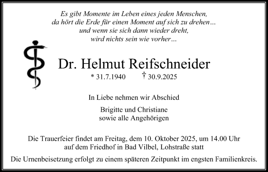 Traueranzeige von Helmut Reifschneider von Bad Vilbel/Karben