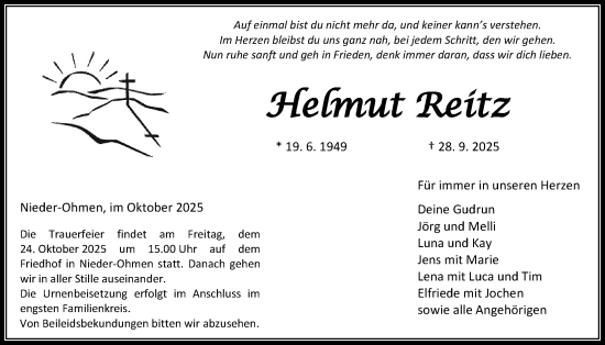 Traueranzeige von Helmut Reitz von Mücker Stimme, Giessener Allgemeine, Alsfelder Allgemeine