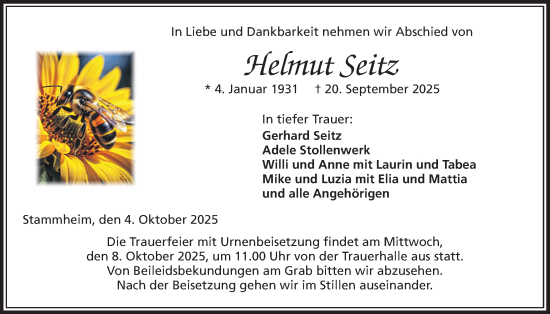 Traueranzeige von Helmut Seitz von Wetterauer Zeitung