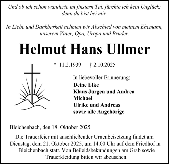 Traueranzeige von Helmut Hans Ullmer von Kreis-Anzeiger