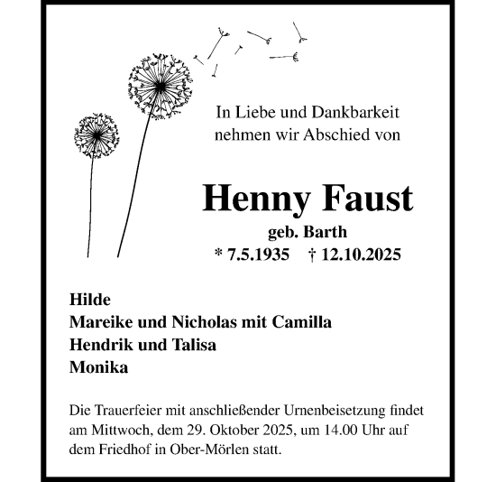 Traueranzeige von Henny Faust von Wetterauer Zeitung