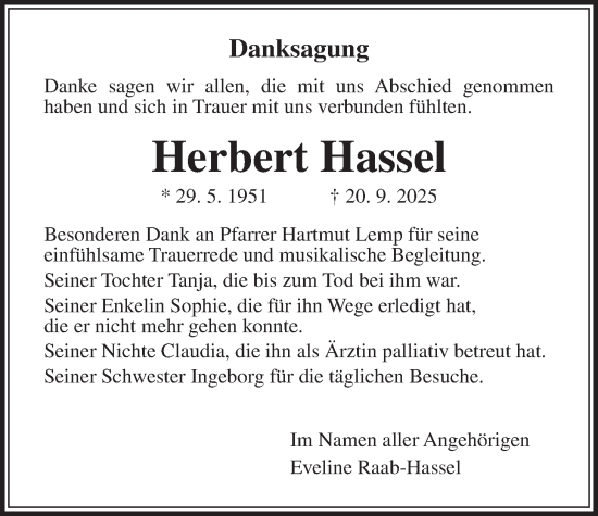Traueranzeige von Herbert Hassel von Licher Wochenblatt