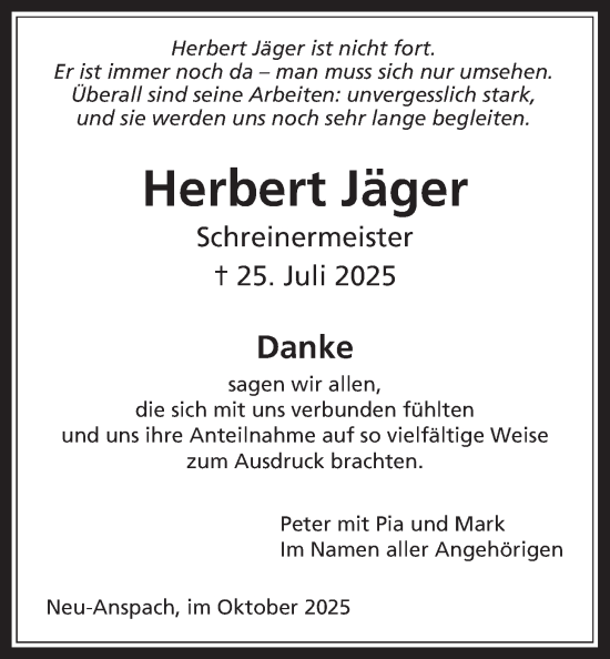 Traueranzeige von Herbert Jäger von Usinger Anzeiger, Usinger Anzeigenblatt