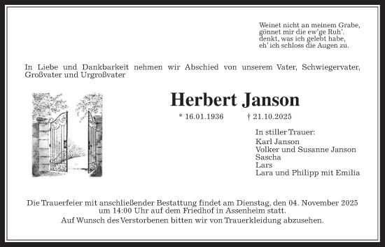 Traueranzeige von Herbert Janson von Wetterauer Zeitung