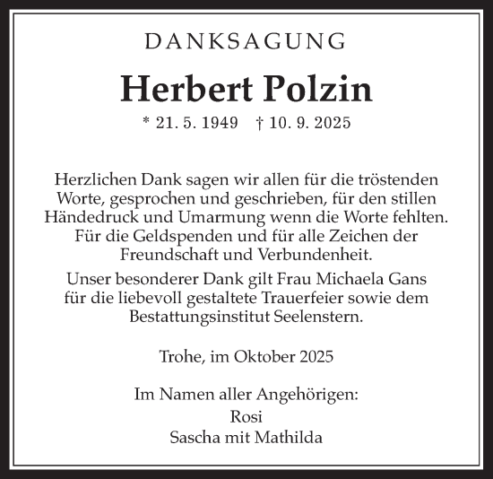 Traueranzeige von Herbert Polzin von Giessener Allgemeine, Alsfelder Allgemeine, Giessener Anzeiger