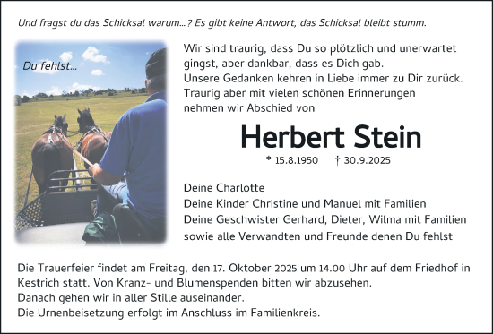 Traueranzeige von Herbert Stein von Oberhessische Zeitung