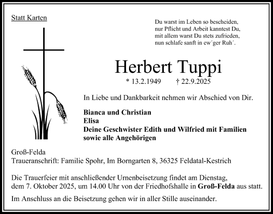 Traueranzeige von Herbert Tuppi von Oberhessische Zeitung