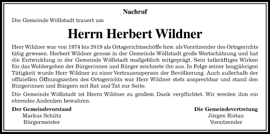 Traueranzeige von Herbert Wildner von Wetterauer Zeitung