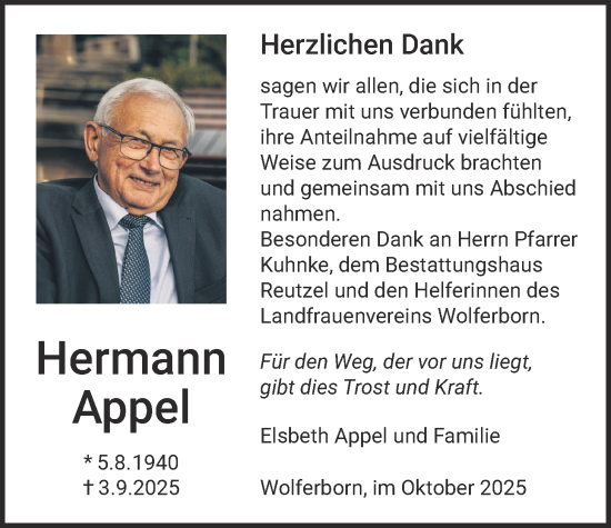 Traueranzeige von Hermann Appel von Kreis-Anzeiger