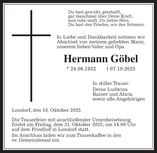 Traueranzeige von Hermann Göbel von Giessener Allgemeine, Alsfelder Allgemeine