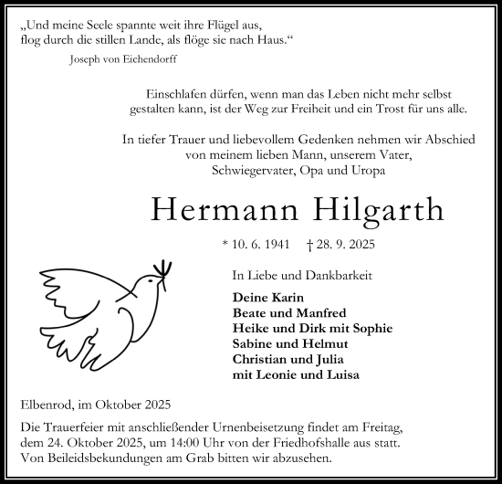 Traueranzeige von Hermann Hilgarth von Oberhessische Zeitung