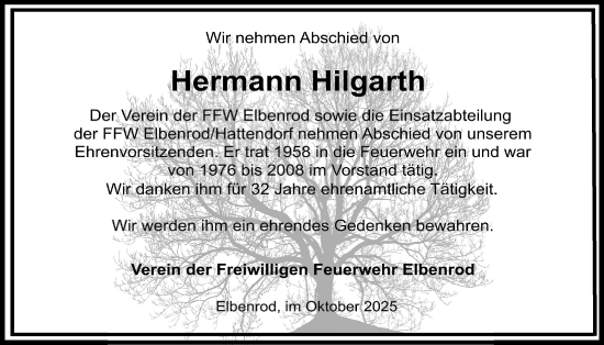 Traueranzeige von Hermann Hilgarth von Oberhessische Zeitung
