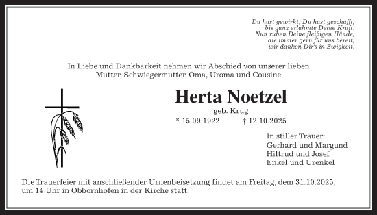 Traueranzeige von Herta Noetzel von Licher Wochenblatt