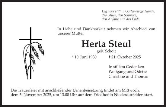 Traueranzeige von Herta Steul von Bad Vilbel/Karben