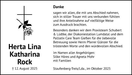 Traueranzeige von Herta Lina Katharina Rock von Giessener Allgemeine, Alsfelder Allgemeine, Giessener Anzeiger