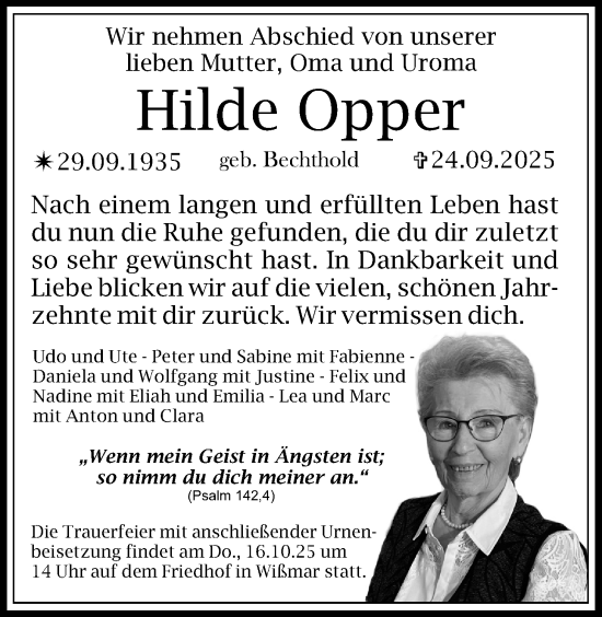 Traueranzeige von Hilde Opper von Giessener Allgemeine, Alsfelder Allgemeine, Giessener Anzeiger