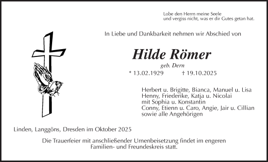 Traueranzeige von Hilde Römer von Giessener Allgemeine, Alsfelder Allgemeine