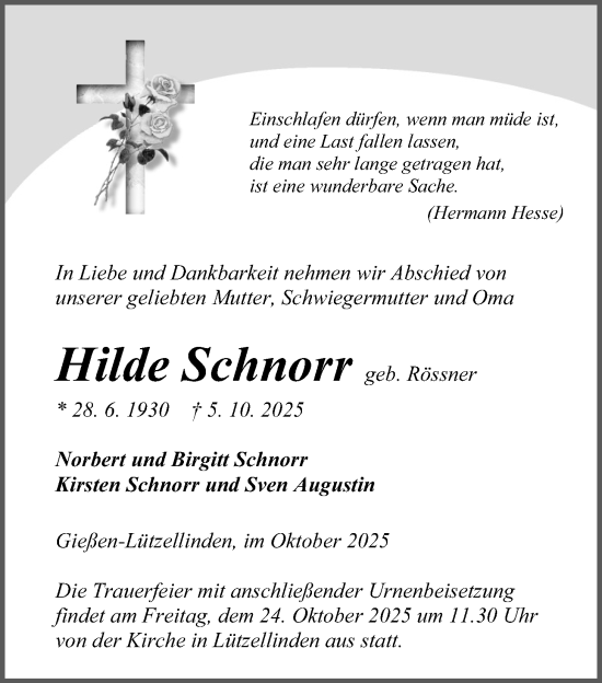 Traueranzeige von Hilde Schnorr von Giessener Allgemeine, Alsfelder Allgemeine, Giessener Anzeiger