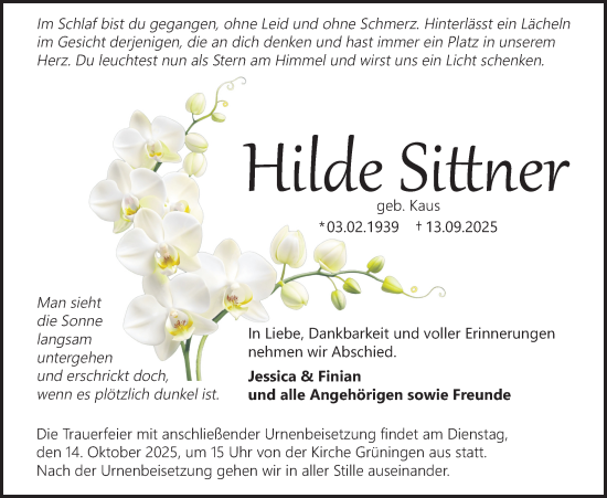 Traueranzeige von Hilde Sittner von Pohlheimer Nachrichten, Giessener Allgemeine, Alsfelder Allgemeine