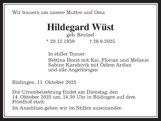 Traueranzeige von Hildegard Wüst von Kreis-Anzeiger