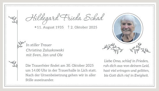 Traueranzeige von Hildegard Frieda Schad von Licher Wochenblatt
