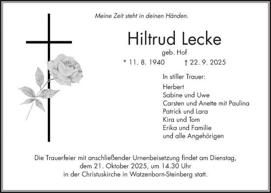 Traueranzeige von Hiltrud Lecke von Pohlheimer Nachrichten, Giessener Allgemeine, Alsfelder Allgemeine, Giessener Anzeiger
