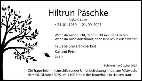 Traueranzeige von Hiltrun Päschke von Pohlheimer Nachrichten