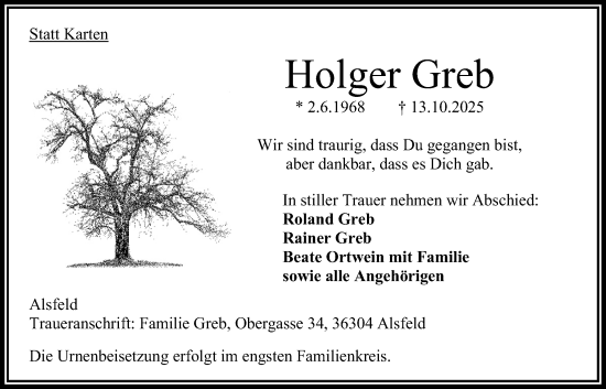 Traueranzeige von Holger Greb von Oberhessische Zeitung