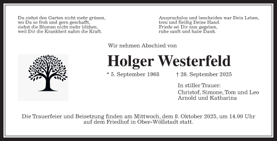 Traueranzeige von Holger Westerfeld von Wetterauer Zeitung