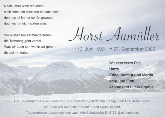 Traueranzeige von Horst Aumüller von Wetterauer Zeitung