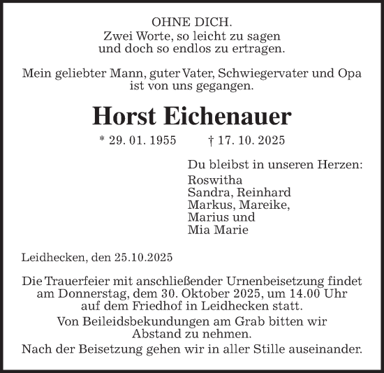 Traueranzeige von Horst Eichenauer von Wetterauer Zeitung