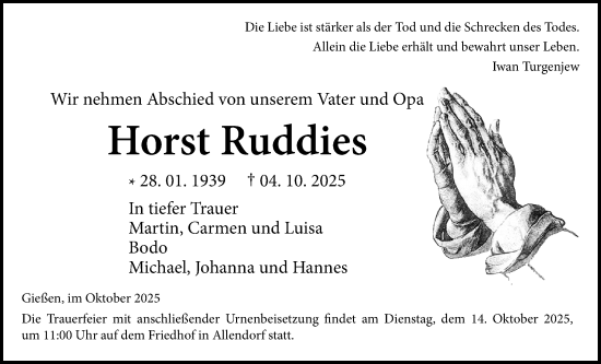 Traueranzeige von Horst Ruddies von Giessener Allgemeine, Alsfelder Allgemeine