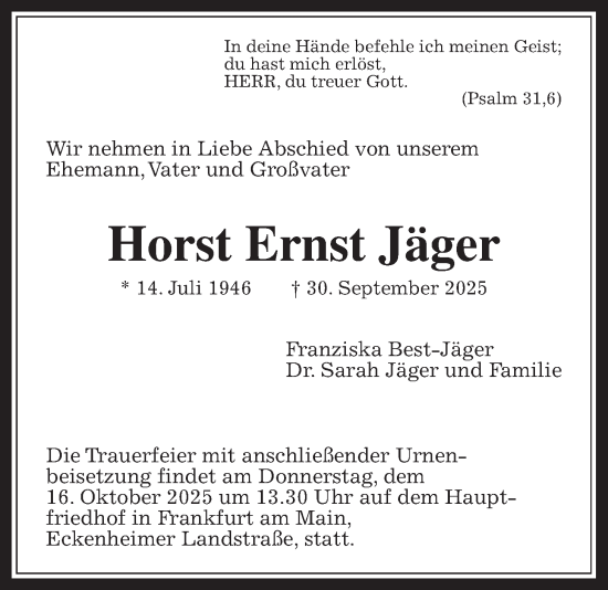 Traueranzeige von Horst Ernst Jäger von Bad Vilbel/Karben