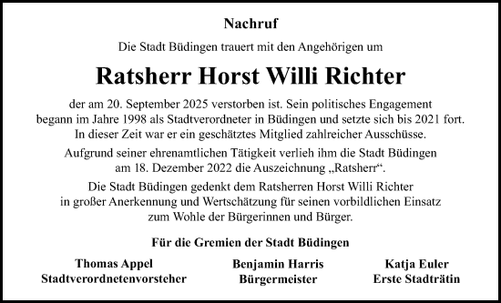 Traueranzeige von Horst Willi Richter von Kreis-Anzeiger