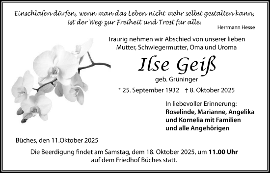 Traueranzeige von Ilse Geiß von Kreis-Anzeiger