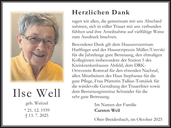 Traueranzeige von Ilse Well von Oberhessische Zeitung
