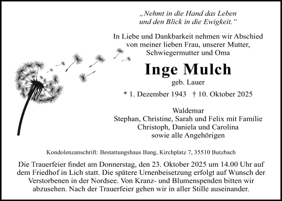 Traueranzeige von Inge Mulch von Licher Wochenblatt
