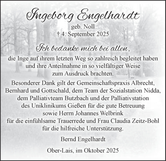 Traueranzeige von Ingeborg Engelhardt von Kreis-Anzeiger