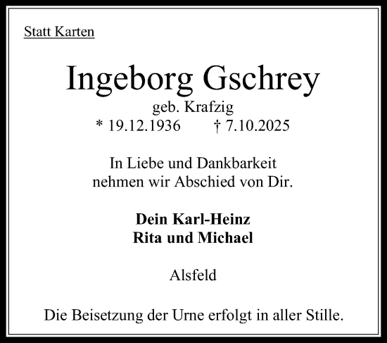 Traueranzeige von Ingeborg Gschrey von Oberhessische Zeitung