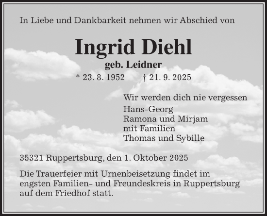 Traueranzeige von Ingrid Diehl von Laubacher Anzeiger