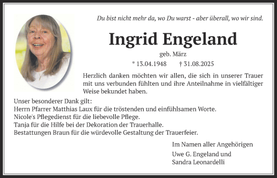 Traueranzeige von Ingrid Engeland von Usinger Anzeiger, Usinger Anzeigenblatt