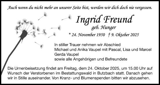Traueranzeige von Ingrid Freund von Butzbacher Zeitung, Giessener Anzeiger