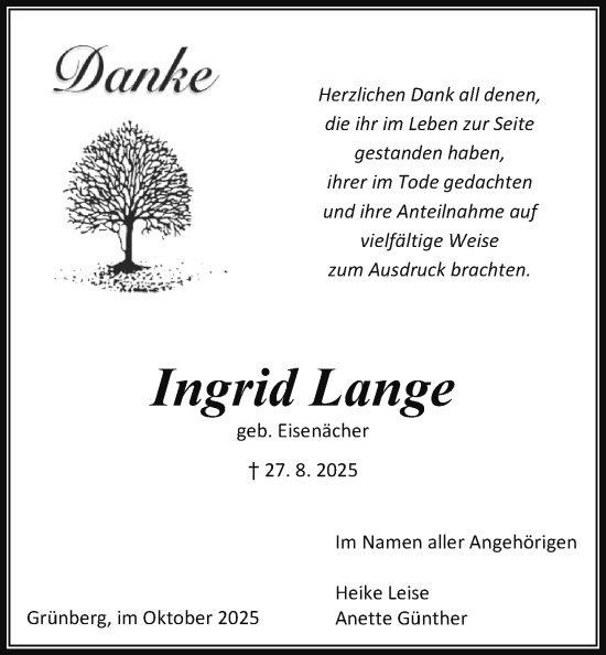 Traueranzeige von Ingrid Lange von Giessener Allgemeine, Alsfelder Allgemeine