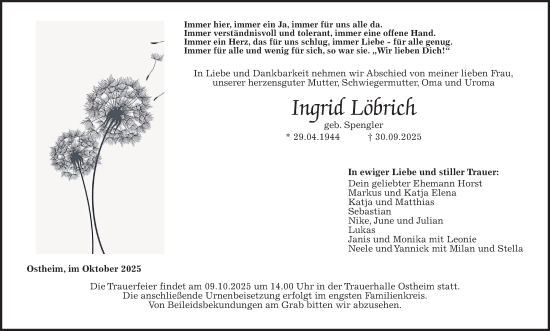 Traueranzeige von Ingrid Löbrich von Butzbacher Zeitung